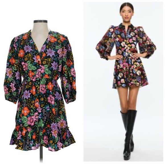 Avara Elena Floral Belted 3/4 Sleeve Mini Dress Black Multicolor Size XS - Picture 1 of 16